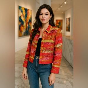 Coldwater Creek Quilted Jacket Boho Teacher Bright Artsy Patchwork Granola Fall